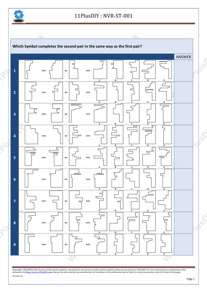 Non-Verbal Reasoning Sample Test NVR-ST-001